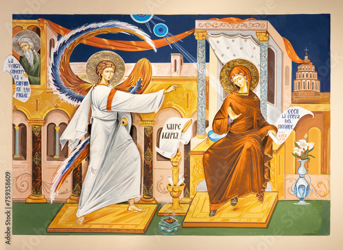 MILAN, ITALY - MARCH 6, 2024: The icon Annunciation in the church Chiesa dei Santi Nereo e Achilleo by Iulian Rosu.
