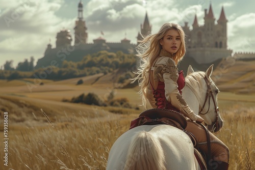 Medevil woman on a horse with a castle in the distance in a fantasy image photo