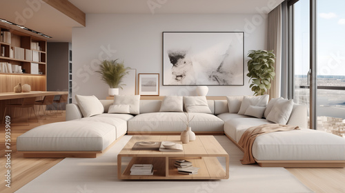 Stylish and Modern Living Room Interior with Comfy Modular Sofa and Panoramic Ocean View