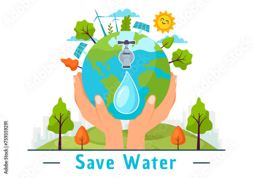 Water Saving Vector Illustration for Mineral Savings Campaign and Energy Utilization with Faucet and Earth Concept in Flat Cartoon Background