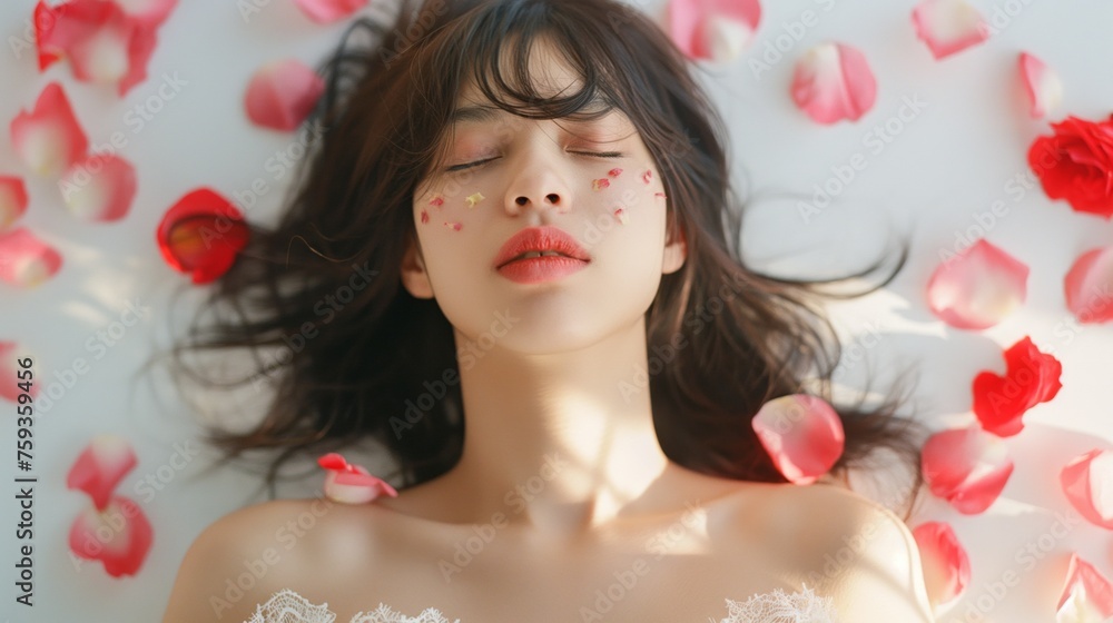 Portrait of Asian woman with falling flower petals against white background. Portrait of Asian woman with falling flower petals against white background.