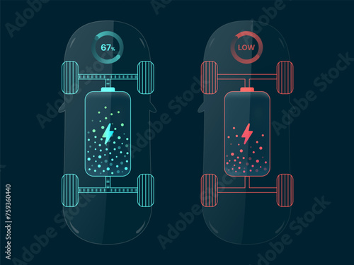 Top view electric car chassis show vehicle battery dashboard hologram interface with display charger status Battery charging, Low Battery vector design concept. EV Car interface for ui, web, business.