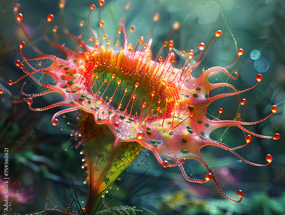 Create an abstract representation of a Sundew focusing on the plants unique form and capturing its carnivorous nature in a stylized