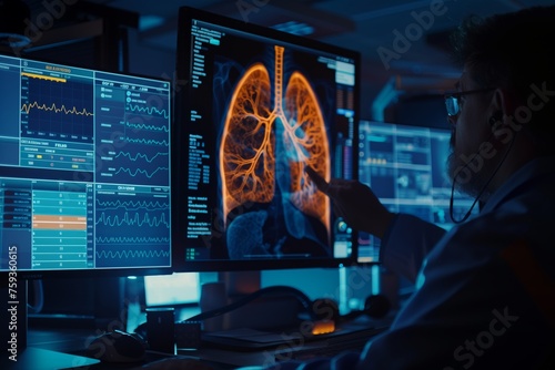 Medical professional examining a high-tech screen with a detailed visualization of a human respiratory system. The advanced pulmonary imaging showcases the bronchial tree structure within the lungs. #759360615