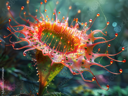 Create an abstract representation of a Sundew focusing on the plants unique form and capturing its carnivorous nature in a stylized © Studio Multiverse
