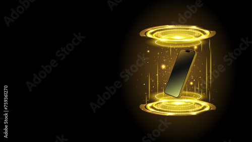 Smartphone and hologram projector. Futuristic 3D cellphone concept with sci-fi digital high-tech elements. Magic circle teleportation podium with a mobile phone. Vector illustration