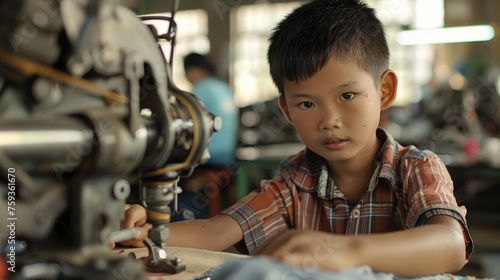 a young asian chinese kid working in a sewing  factory, illegal child labour in terrible working conditions. wallpaper background photo