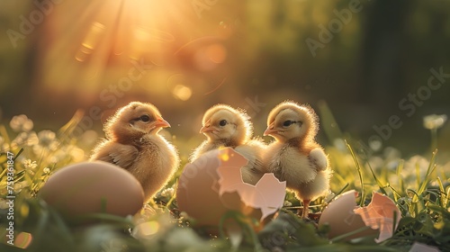 Hatched chicks next to their broken egg shells in the spring