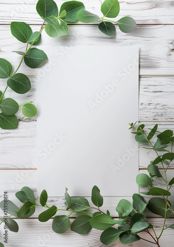 A mockup scene of an A5 white card surrounded by vibrant green leaves on a textured white wooden table photo