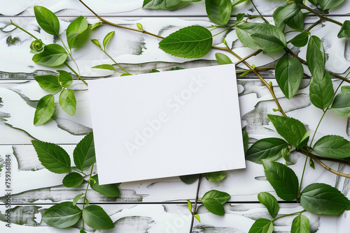 A mockup scene of an A5 white card surrounded by vibrant green leaves on a textured white wooden table photo