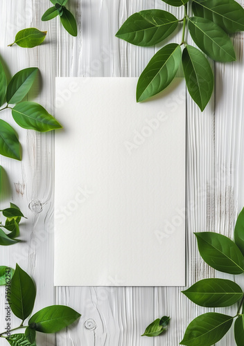 A mockup scene of an A5 white card surrounded by vibrant green leaves on a textured white wooden table photo