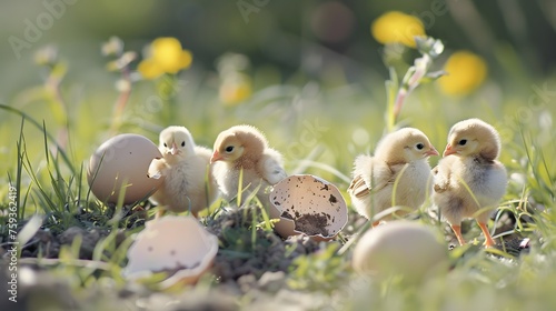 Hatched chicks next to their broken egg shells in the spring