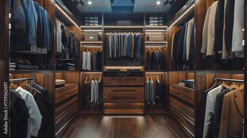 ﻿﻿Modern dark wooden walk in wardrobe with clothes hanging on rods, shelves and drawers. Dressing room with space for storing and organizing. Interior design of luxury walk in closet. 