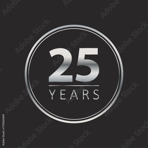 25 years for celebration events, anniversary, commemorative date. silver twenty five years logo. badge