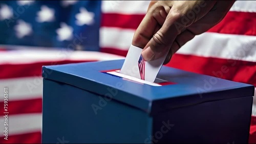 drops a piece of paper into a ballot box, the concept of election day. Making a political choice by voting for a candidate at a polling station is a civic responsibilit photo