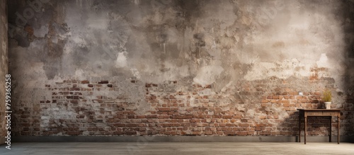 Aged room with distressed brick wall backdrop and cement surface photo