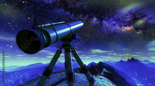 An astronomer gazing up at the night sky through a telescope, alone on a hilltop under a blanket of stars, exploring the mysteries of the universe and finding solace in the vastness of space photo