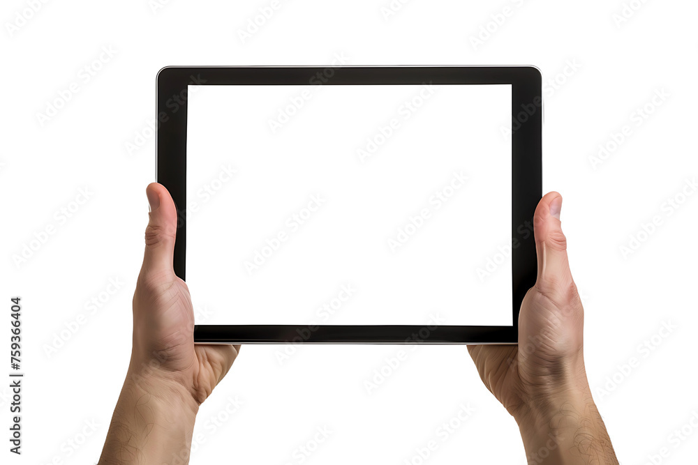 Male handheld tablet computer has a blank white screen and a transparent background. Screen display for mockup. Male handheld tablet computer has a blank white screen and a transparent background. Screen display for mockup.