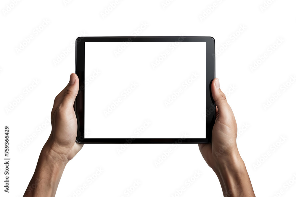 Male handheld tablet computer has a blank white screen and a transparent background. Screen display for mockup. Male handheld tablet computer has a blank white screen and a transparent background. Screen display for mockup.
