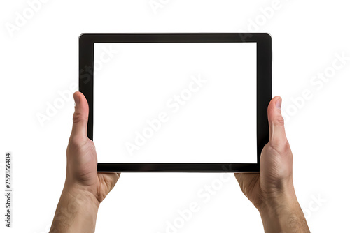 Male handheld tablet computer has a blank white screen and a transparent background. Screen display for mockup. photo