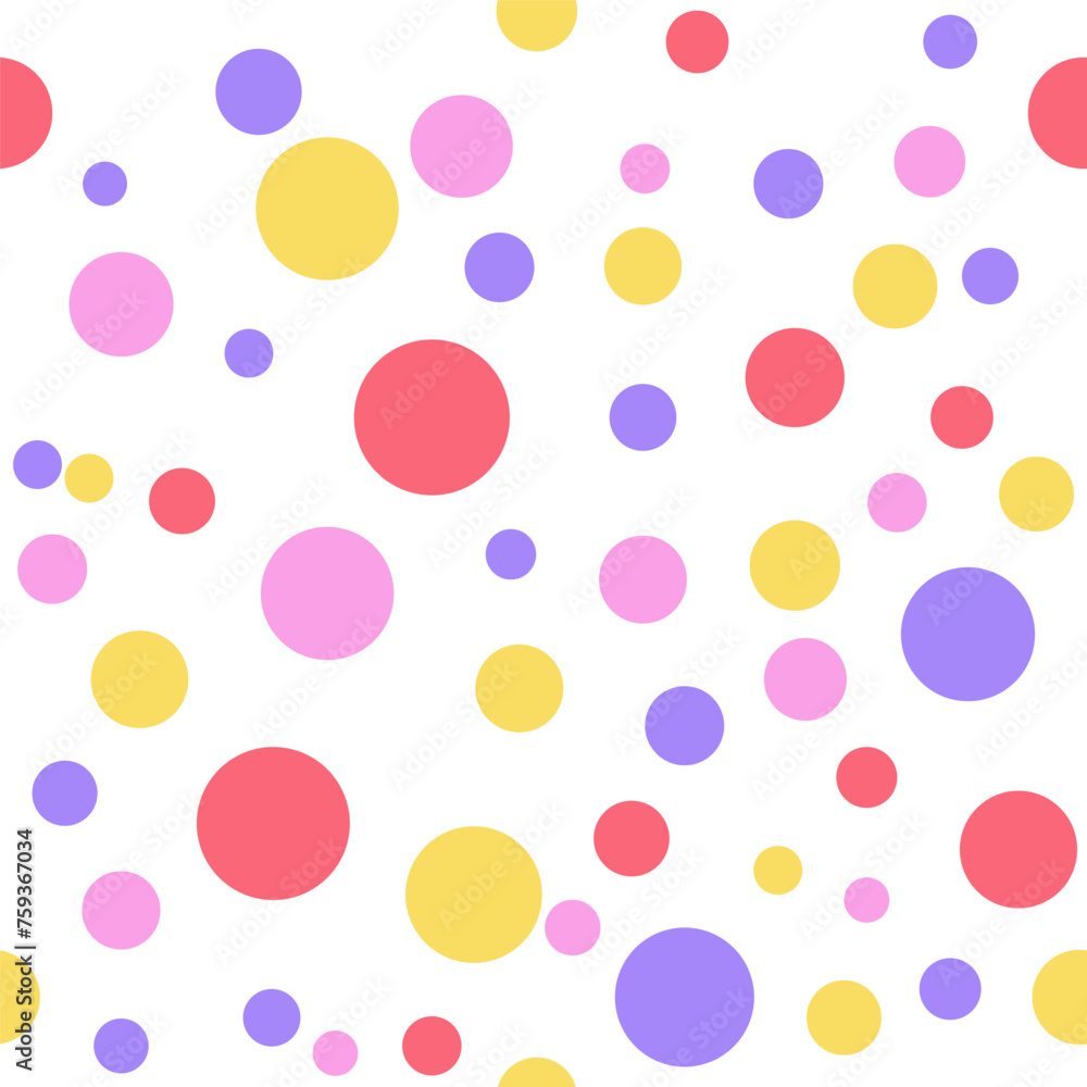 Red, pink, yellow and lilac polka dots isolated on white background. Seamless pattern. Background for paper, cover, fabric, textile, dishes, interior decor. 