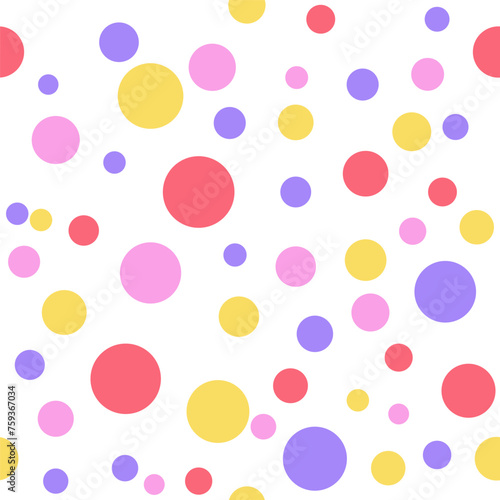Red, pink, yellow and lilac polka dots isolated on white background. Seamless pattern. Background for paper, cover, fabric, textile, dishes, interior decor. 