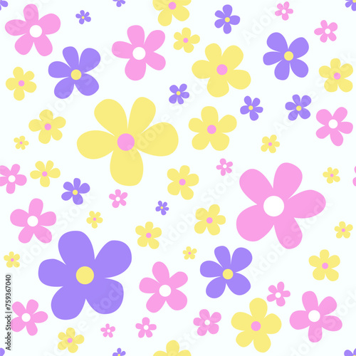 Pink  yellow and lilac flowers isolated on white background. Hand drawn flower  flat design. Seamless pattern. Background for cover  textile  decor. 