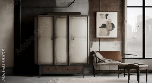 An elegantly weathered antique armoire stands gracefully beside a plush ivory couch against a stark backdrop of industrial concrete, adorned with a striking abstract poster. 