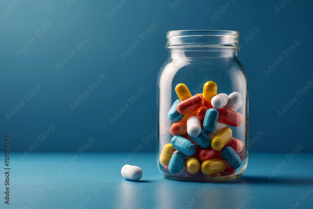 medicine polygonal pills antibiotics in a jar blue background. Generative AI medicine polygonal pills antibiotics in a jar blue background. Generative AI