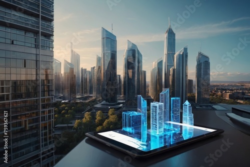Making using digital tablet and modern buildings hologram. Real estate business and building technology concept. Generated AI