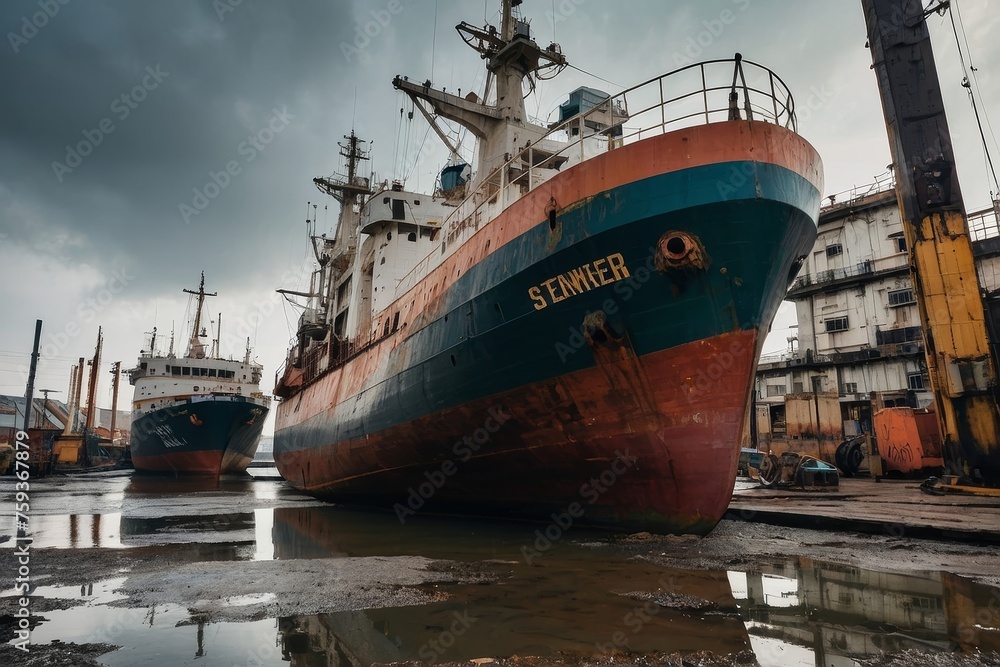 Fishing boats and cargo vessels in the bustling harbor, amidst blue waters and industrial activity