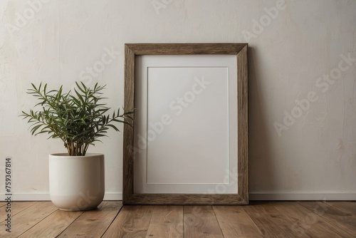 Blank very fine frame placed against a white creamy walls, boheme style inspired, mockup. photo