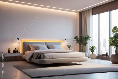 Bedroom in the future. Intelligent system controls lighting and ambiance, lighting automatically changing, creating cozy atmosphere. warm shades of purple. Banner. Generative Ai content. © Jureeporn