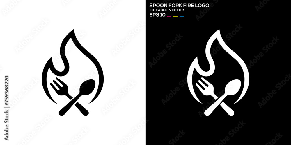 Vector design template of spoon, fork, fire logo, food, cutlery, hot, symbol icon EPS 10 - obrazy, fototapety, plakaty 