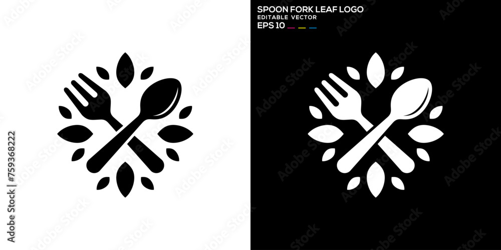 Vector design template of spoon and fork combination with leaf logo, restaurant, equipment, cutlery, vegetables, diet, symbol icon EPS 10 - obrazy, fototapety, plakaty 