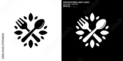 Vector design template of spoon and fork combination with leaf logo, restaurant, equipment, cutlery, vegetables, diet, symbol icon EPS 10 photo