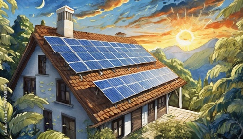 Ilustração de painéis solares no telhado de uma casa. Painel solar, Placa solar, Energia. 