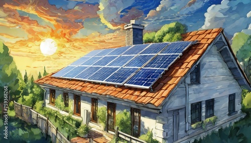Ilustração de painéis solares no telhado de uma casa. Painel solar, Placa solar, Energia. 