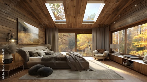 Vaulted ceiling with skylights in farmhouse. Interior design of modern rustic bedroom.  photo