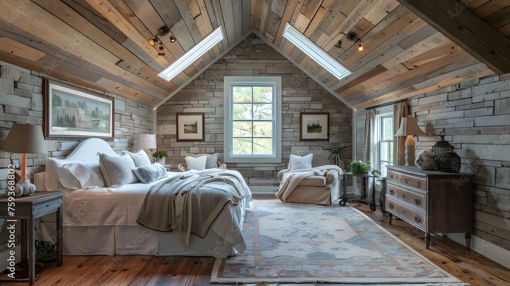 Vaulted ceiling with skylights in farmhouse. Interior design of modern rustic bedroom. Vaulted ceiling with skylights in farmhouse. Interior design of modern rustic bedroom.