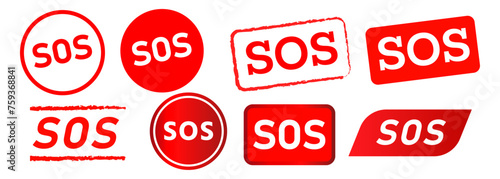 sos rectangle circle stamp and button label sticker for warning emergency service