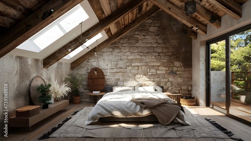 Vaulted ceiling with skylights in farmhouse. Interior design of modern rustic bedroom.  © Ziyan