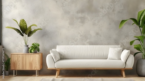 White velvet loveseat sofa, wooden cabinet and potted houseplant against venetian stucco wall. Scandinavian home interior design of modern living room. photo