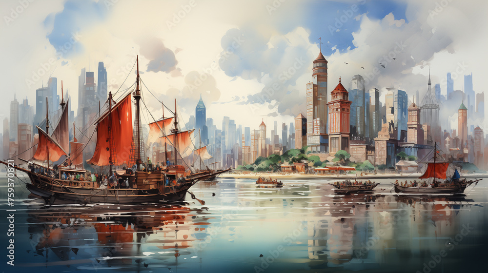 The watercolor illustration portrays sailboats moored in a tranquil harbor, with the sunset casting a warm glow over the towering skyline of the cityscape. - obrazy, fototapety, plakaty 