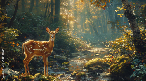 In the serene ambiance of an early morning, a young spotted deer gracefully appears amidst the misty, sun kissed beauty of an autumnal forest.