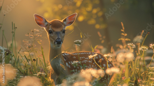 A picturesque scene unfolds as a young deer fawn stands serenely in a sun-drenched forest clearing, embraced by the delicate presence of surrounding flora. © NaphakStudio