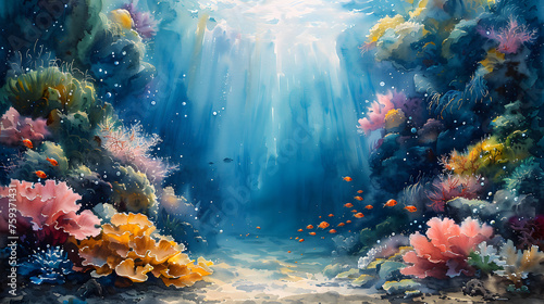 Watercolor Painting of Vibrant Underwater Seascape with Colorful Coral and Marine Life, Tranquil Ocean Scene, Diverse Marine Life, Explore the Beauty of Sea and Coastal Decoration. © Korakrich