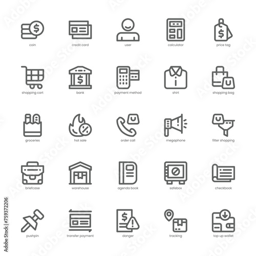 Shopping and Payment icon pack for your website  mobile  presentation  and logo design. Shopping and Payment icon outline design. Vector graphics illustration and editable stroke.