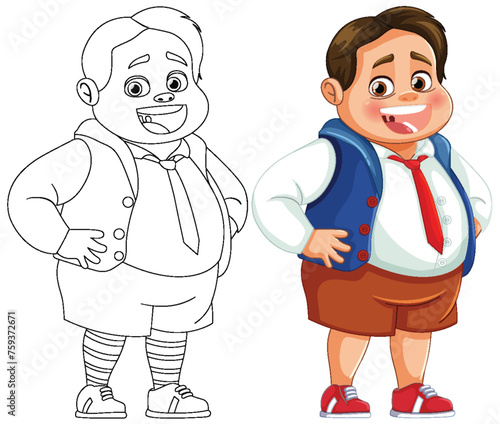 Colorful and outlined versions of a happy schoolboy