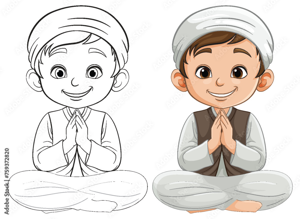 Colorful and line art illustrations of a happy boy Colorful and line art illustrations of a happy boy